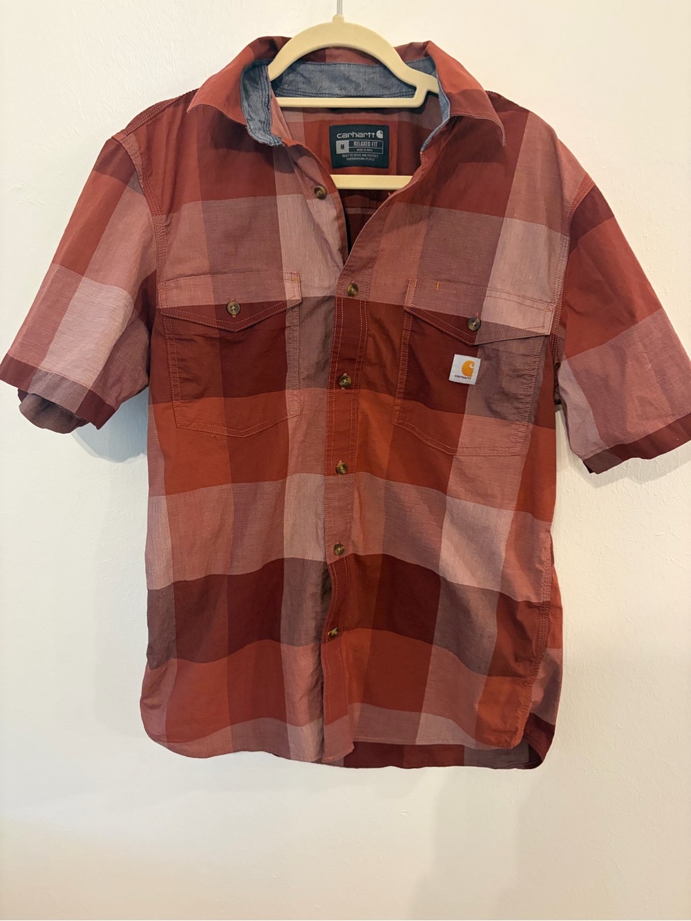 Carhartt Men’s Short-Sleeve Plaid Button-Down Shirt - Rust and Brown